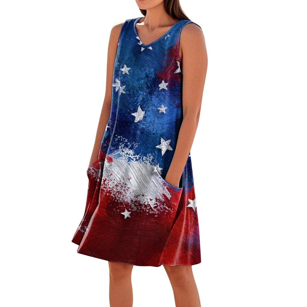 Summer Dresses For Women Loose Beach Vacation Casual Sleeveless V-neck  Sundresses With Pockets Tank Dress