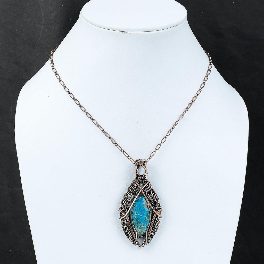 Chrysocolla Pendant Copper Wire Wrapped Pendant Rainbow Moonstone Pendant Copper Wire Jewelry Gift For Him Handmade Natural Gemstone Pendant