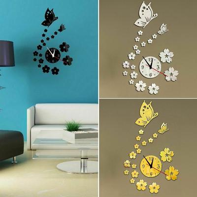 Horloge murale pour la maison, décoration artistique, miroir 3D en acrylique, motif Floral et papillon, montre conçue