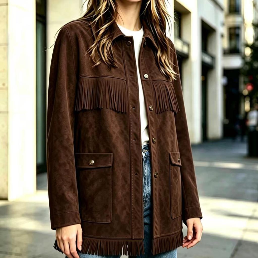 Women's Western Lapel Single-Breasted Mid-Length Casual Jacket for Fall and Winter