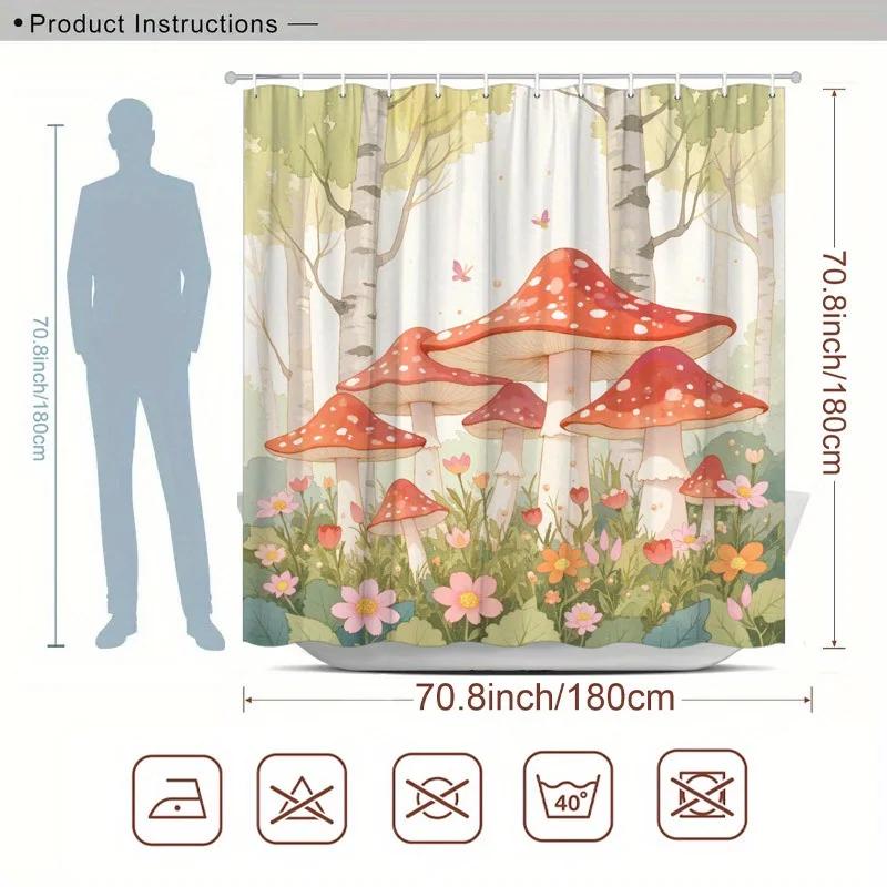

~O~1pc Fantastical Forest Shower Curtain - Red-Capped Mushrooms, Pink & Orange Flowers, Dreamy Trees, 70.8x70.8 , 12 Hooks W90XH180cm