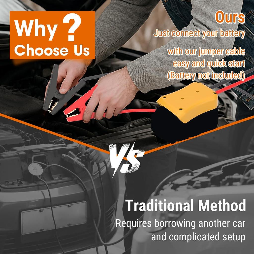 Jumper Cables For Car With Adapter Compatible With DE.Walt 20V Batteries, Silicone Wire 8AWG 2FT Alligator Clips Automotive Jump Starter Jumper