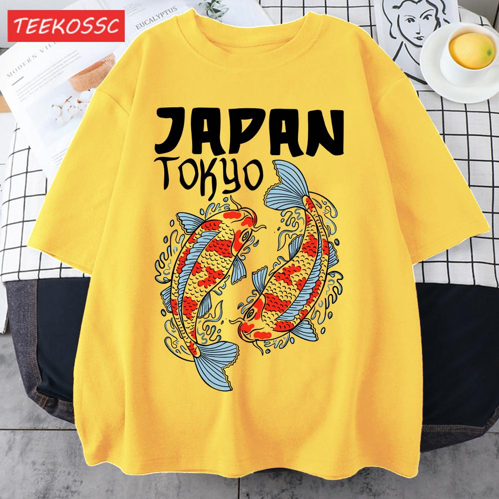 Harajuku Japan Tokyo Koi Print Man TShirt Summer New Loose Short Sleeve ONeck Cotton T Shirts Trendy Unisex AllMatch Clothes