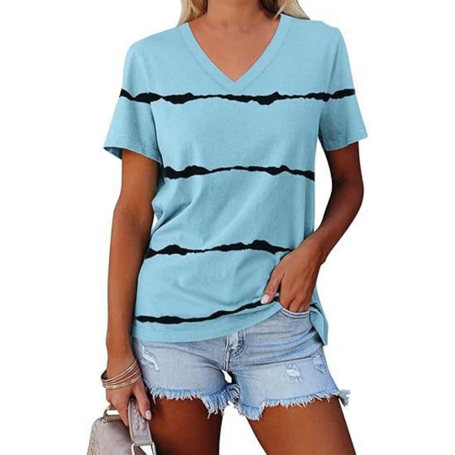 Vintage Women Striped Print T Shirt Short Sleeve V Neck Tops Comfortable T-shirts