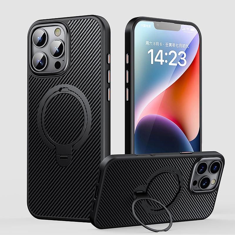 

Чехол KEYSION из углеродного волокна с текстурой для MagSafe для iPhone 16 Pro Max с вращающимся на 360 ° магнитным кольцом-подставкой, противоударный чехол для телефона for iPhone 16 Pro Max чёрный