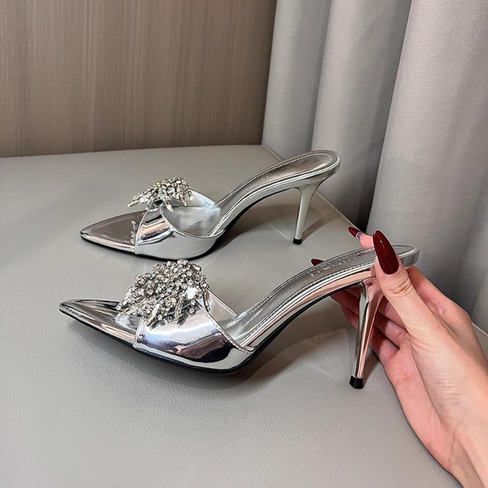 Fashion Slippers for Women's 2025 Summer New Model Rhinestone Stunning High Heels Cool Slippers Pointed High Heels Sandals for Women
