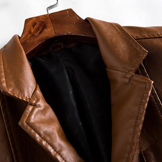 Suit Coat Faux Leather Turn-down Collar Cardigan Solid Color Men Formal Jacket for Meeting