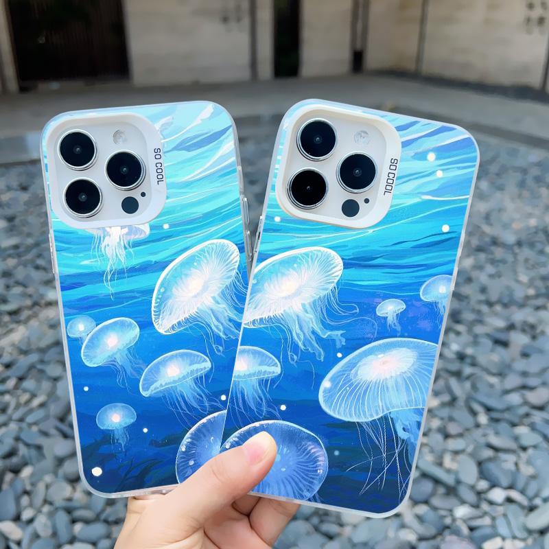 Marine Creature Jellyfish Phone Case For iPhone 16 15 Pro Max Plus 14 13 Mini 12 11 Pro Max Shockproof Laser Back Cover Fundas