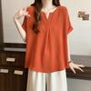 Women Casual V Neck Short Sleeve Loose Fit Solid Color Blouse