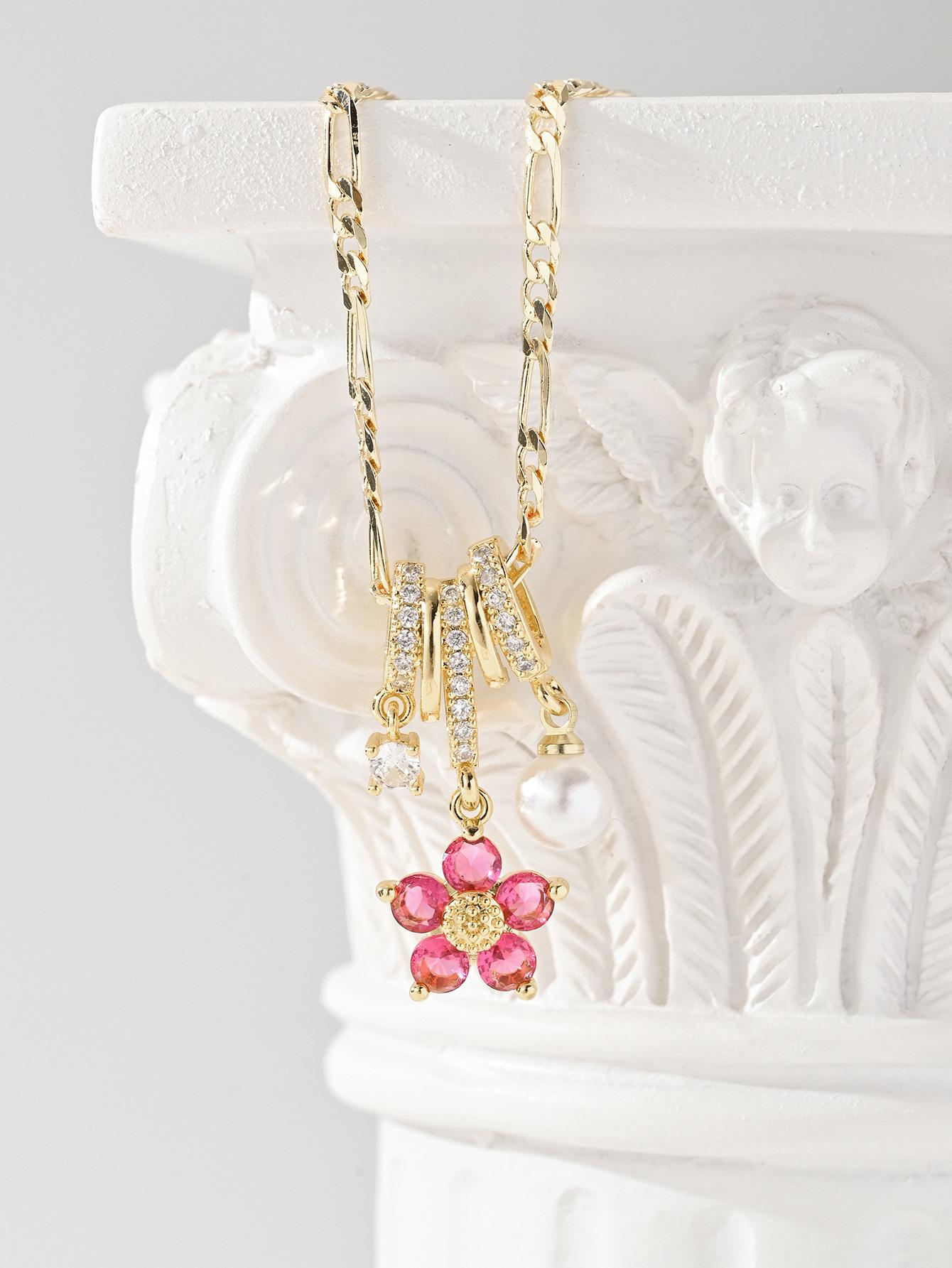 

FanSibao Light Luxury Five Ring Pink Cherry Blossom Pendant Necklace with Sparkling Zirconia Exquisite Gift 50cm