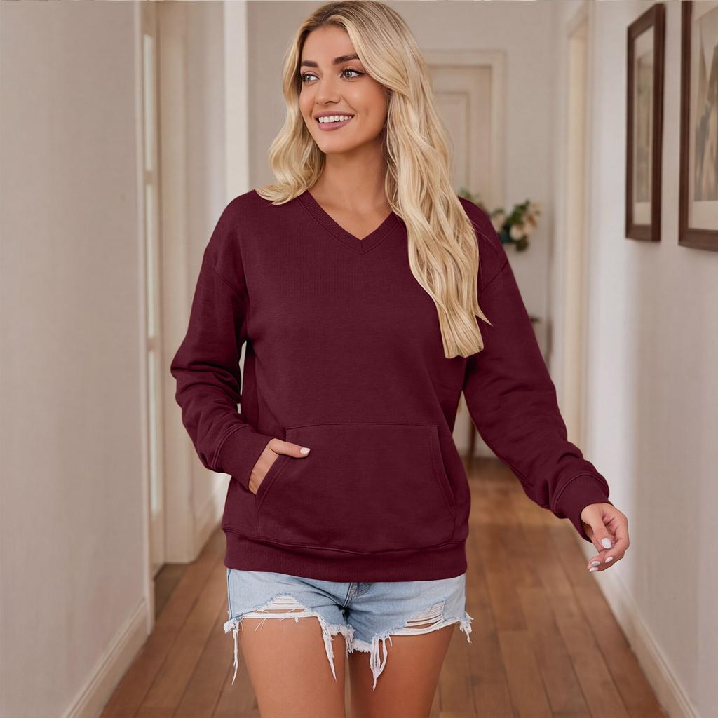 Women's V-Neck Long Sleeve Pullover Sweatshirt with Pocket, Color, Loose Fit for Casual Daily Wear