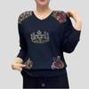 Spring Autumn Women's Plus Size Sweater Thin Loose Fit Rhinestone V-Neck Pullover Knit Top