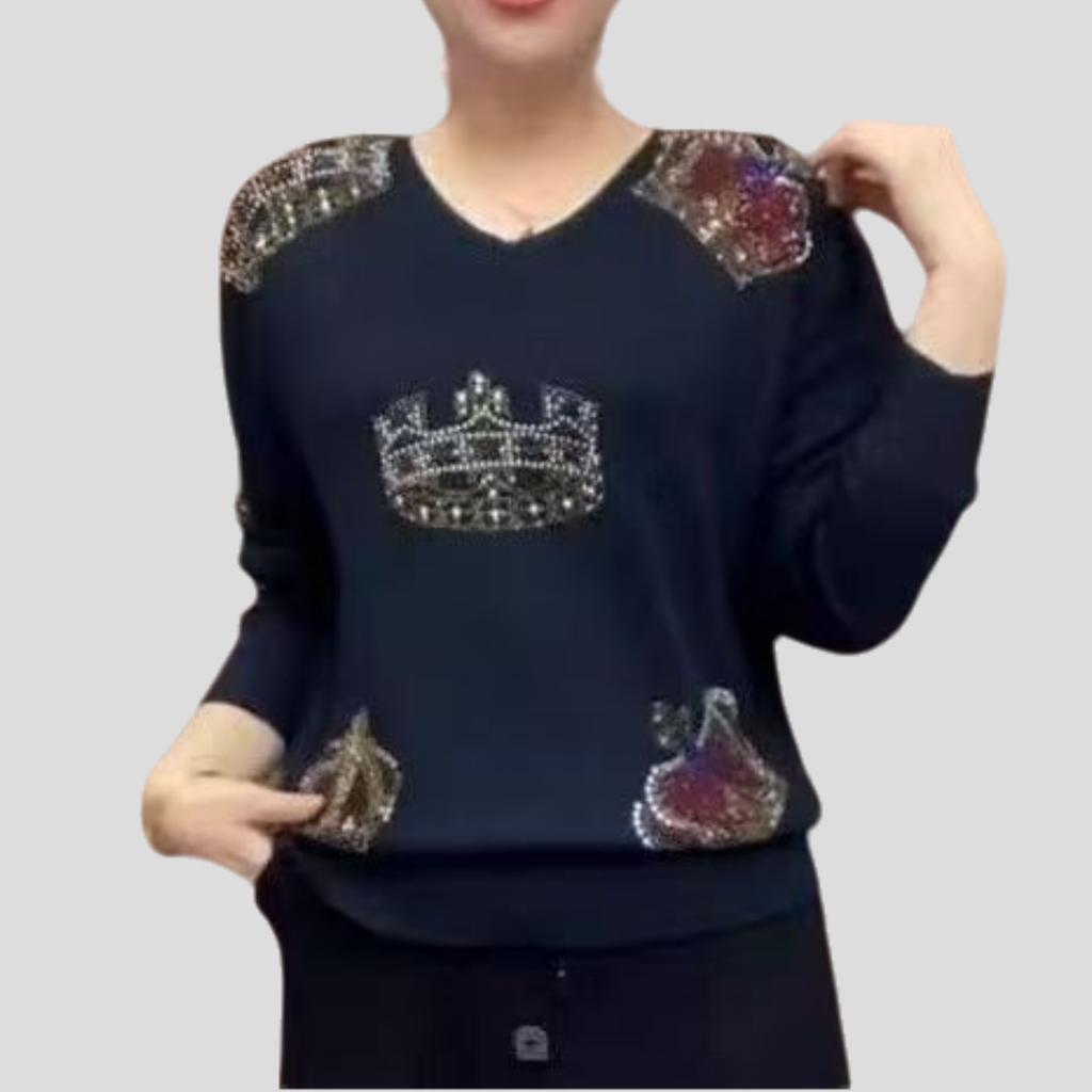 Spring Autumn Women's Plus Size Sweater Thin Loose Fit Rhinestone V-Neck Pullover Knit Top