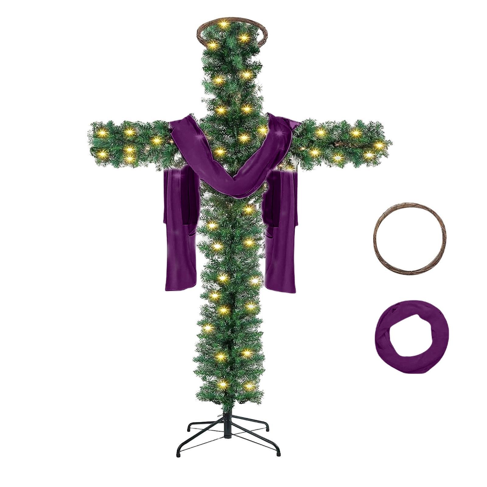 

A Cross-shaped Christmas Tree With Lights, Pre-lit, Elongated, Pencil-shaped Artificial Tree, Complete With A Scarf And Christ Crown, Suitable For S зелёный