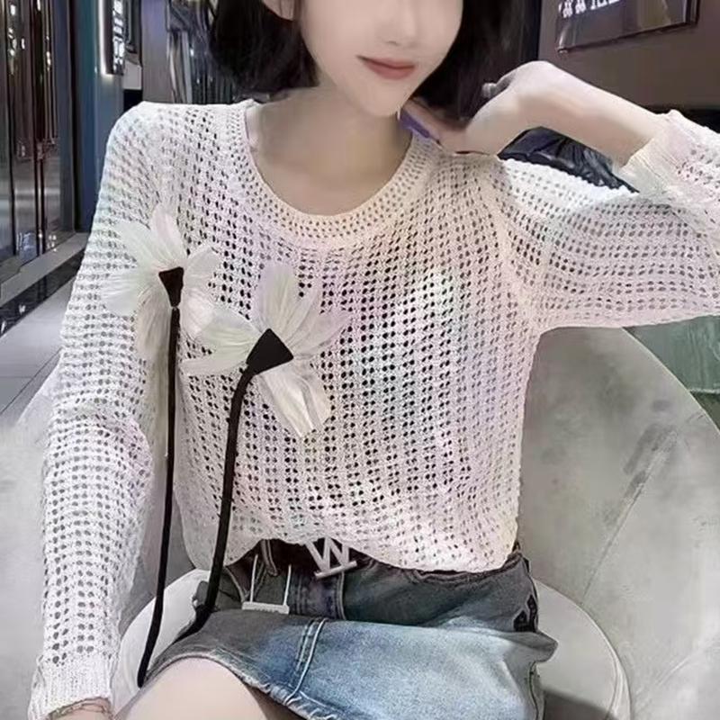 summer Three dimensional flowers Women's Knitted Sweaters Lady Hollow Out Mesh Thin Pullover See Through Look Long Sleeve loose Tops Sunscreen shirt