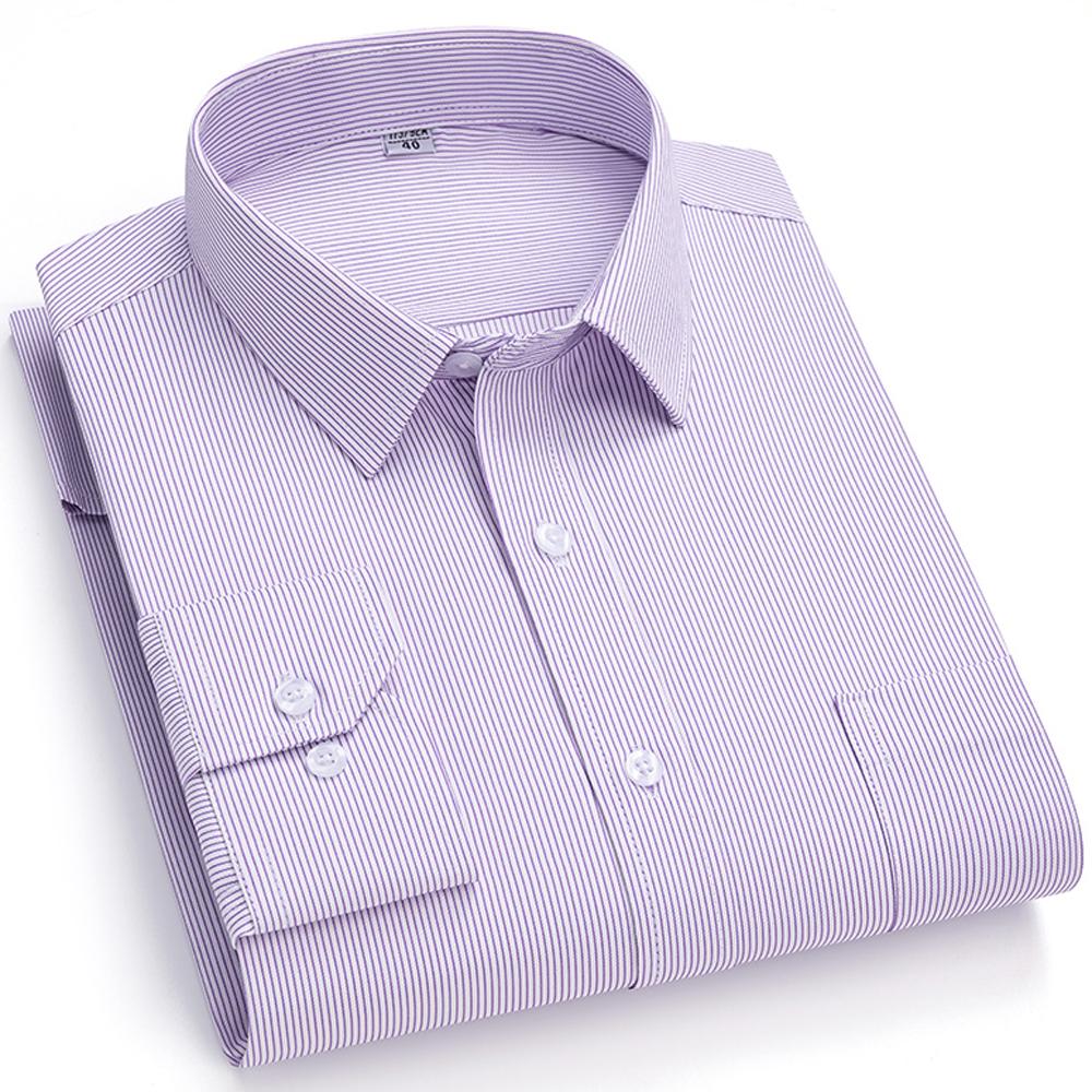Men's Spread Collar Long Sleeve Striped Dress Shirt with Chest Pocket - Classic Business Formal for Office & Professional Wear