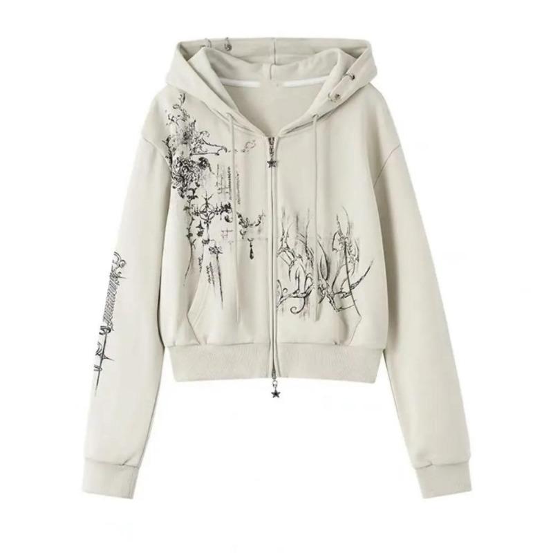 2KWEIRD Podzimní Y2k Estetické Zkrácené Mikiny Dámské Ležérní Potisk Dvojité Zipy Harajuku Punk Mikina Gotické Vílí Grunge Bundy