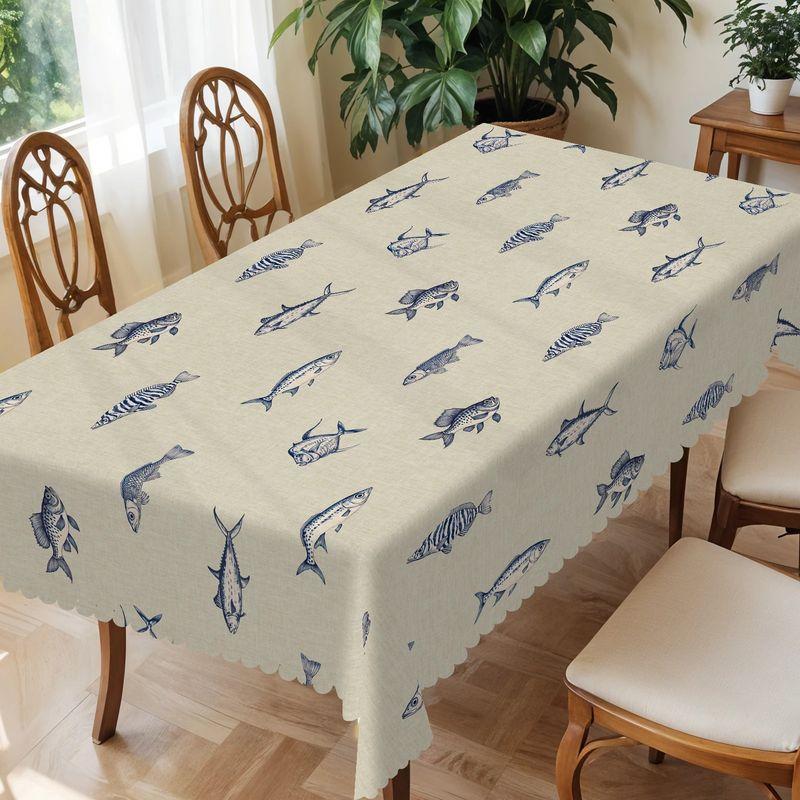VIKAMA Blaue Skizze Fisch Leinenstruktur Tischdecke Meeresbewohner Rechteckig Wasserdicht Minimalistisch Küche Esstisch Abdeckung