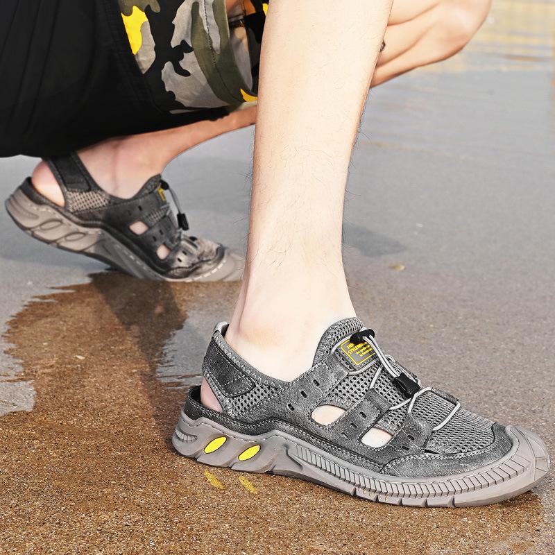 Sommer Mesh Sandalen Herren Neue Trendige Pumpe Strandschuhe Herren Echtes Leder Ausgehöhlt Sportliche Freizeitschuhe