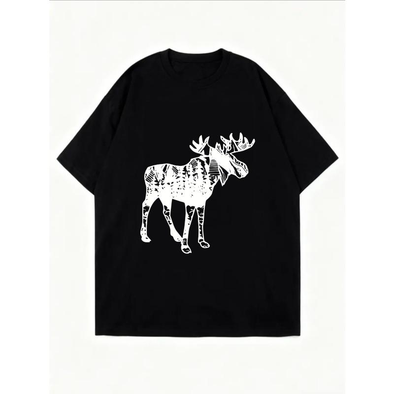 White Loose Fit T Shirt With Moose Print For Casual Wear