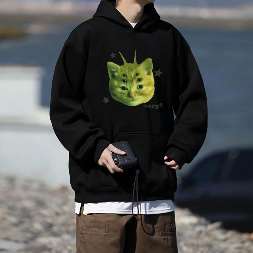 2025 New In Funny Alien Cat Vorp Meme Graphics Hoodies Autumn Winter Unisex Harajuku Fleece Sweatshirt Men Women Casual Pullover