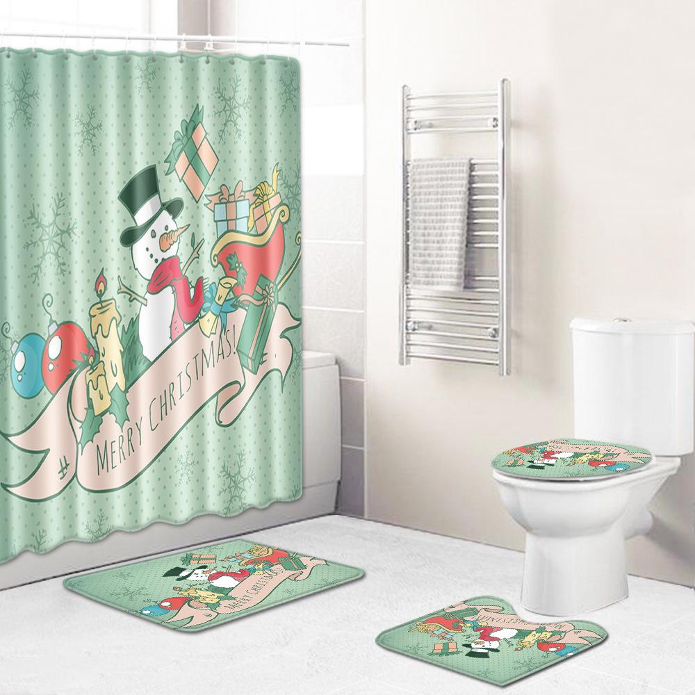 Christmas Shower Curtain Floor Mat Combination Four-Piece Bathroom Non-Slip Door Mat Foot Mat Bedroom Living Room Carpet