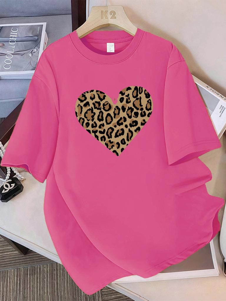 Summer Cotton TShirts Women Simple Leopard Print Heart Printing T Shirt ONeck Comfortable Loose Tops Street Womans Clothes