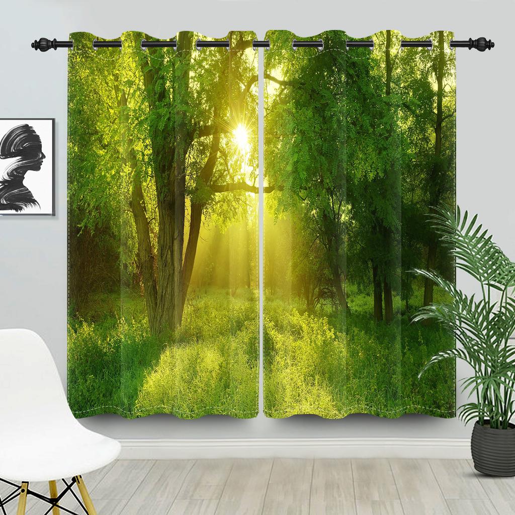 2pcs/set Blackout Curtains Sunny Forest Natural Green Space Landscape Polyester Window Bedroom Kitchen Home Interior Curtains
