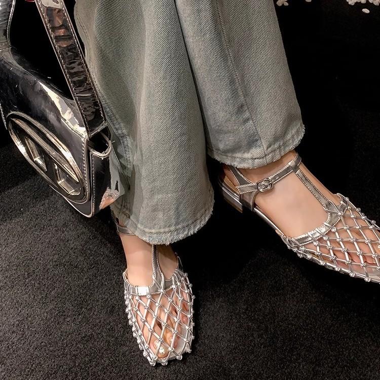 Spot French Retro Gold Hollow Mesh Silver Beautiful Bag Head Sandals Women's Rear Empty Buckle Belt Low Heel Women's Single Shoes