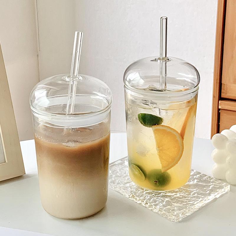 For 450ml Glass Cup With Lid and Straw Transparent Tea  Juice Glasses Beer Can Milk Mocha Breakfast Mug Drinkware