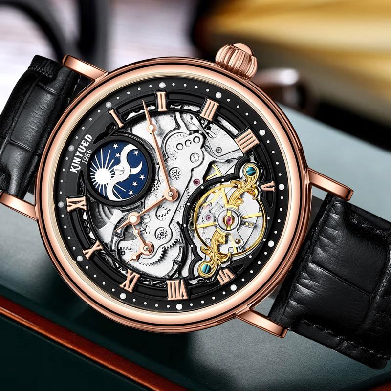 Szkieletowy Tourbillon Faza Księżyca Tarcza Design Męskie Zegarki Najlepsza Marka Luksusowy Wodoodporny Codzienny Automatyczny Mechaniczny Zegarek Mężczyźni