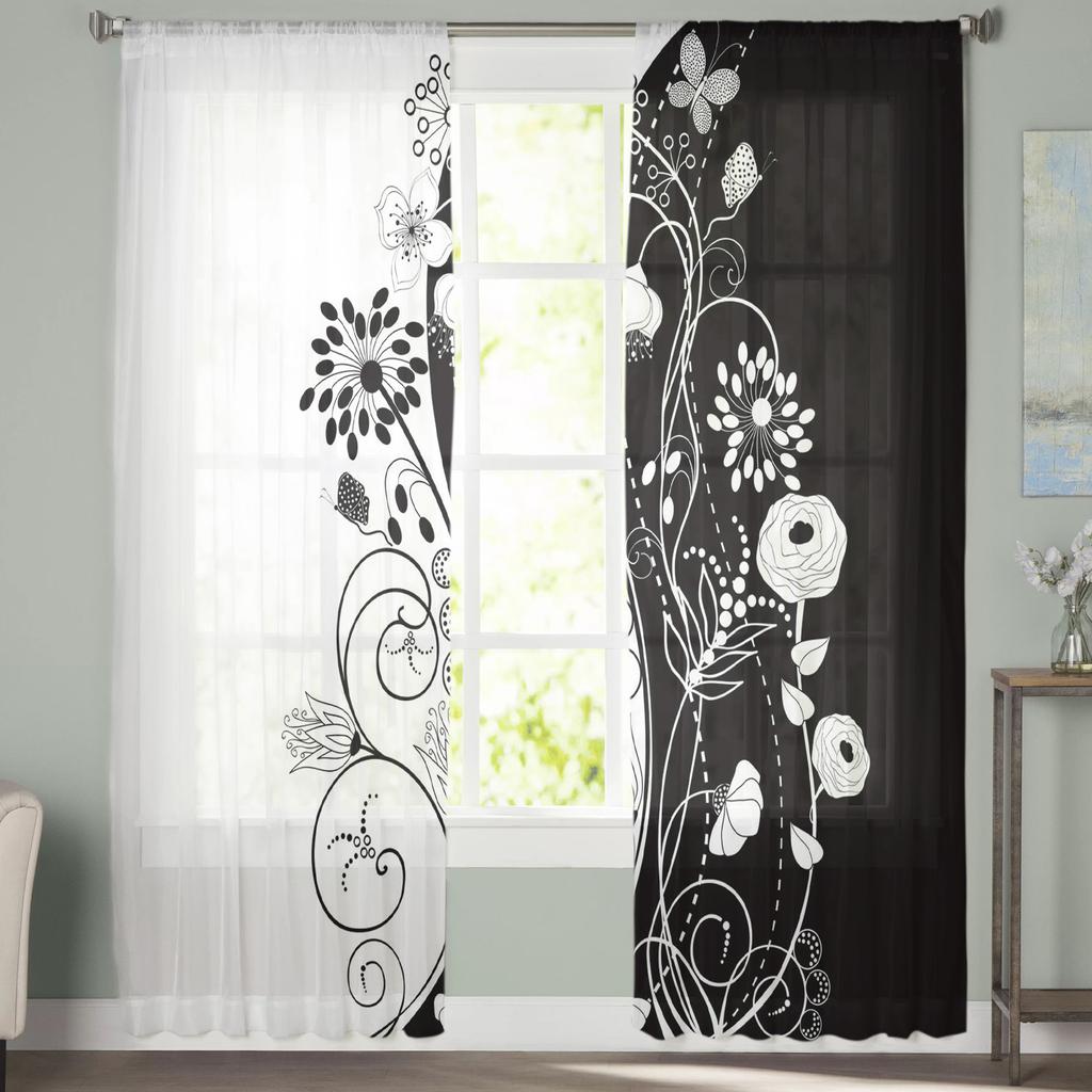 Schwarz-weiße Blumenmuster-Tüllvorhänge für Wohnzimmer, Schlafzimmer, Dekoration, transparenter Chiffon, durchsichtiger Voile-Fenstervorhang