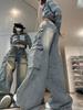 Harajuku 90s Y2k Vintage Baggy Jeans Women Grunge Washed Multiple Pockets Denim Cargo Pants Low Rise Casual Wide Leg Trousers