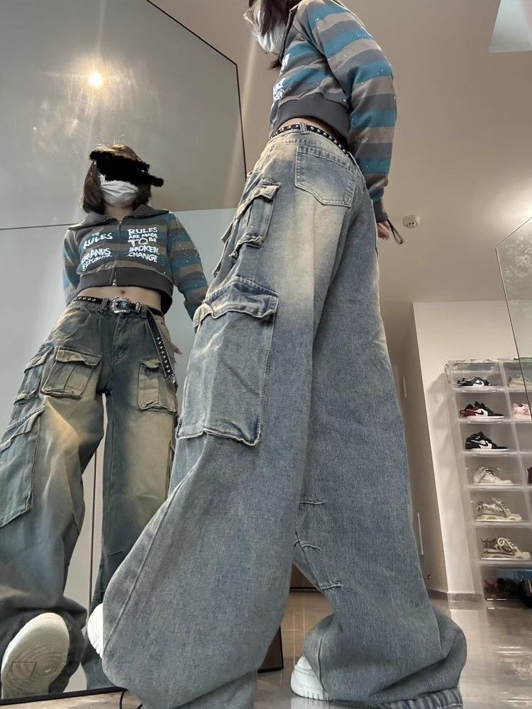 Harajuku 90s Y2k Vintage Baggy Jeans Women Grunge Washed Multiple Pockets Denim Cargo Pants Low Rise Casual Wide Leg Trousers