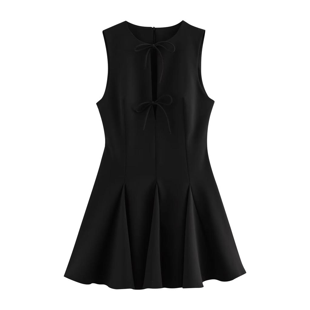 Damen French-Mode Kurzes Kleid Mit Weitem Saum Und Schleifen-Detail
