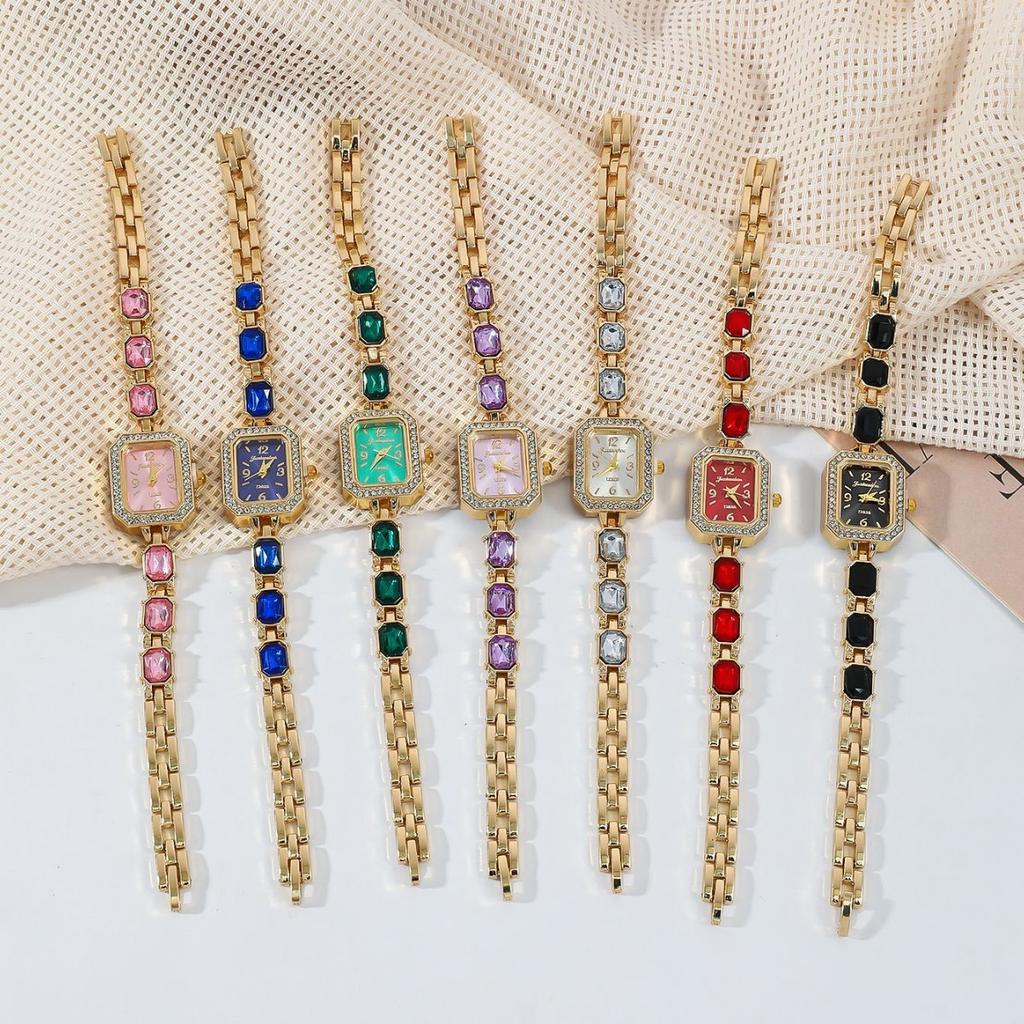 Fashionable Square Diamond Embedded Quartz Watch Student Watch Versatile Simple Design Colorful Diamonds Attracting Students