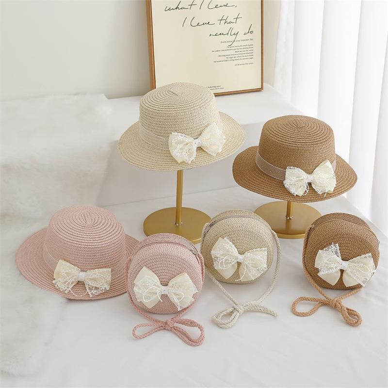 Freedom Outdoors Unisex Kids 2Pcs Handwoven Little Girls Summer Straw Hat Breathable Lightweight Shoulder Crossbody Bag With Bowknot Design Straw Sun Cap 52-54Cm