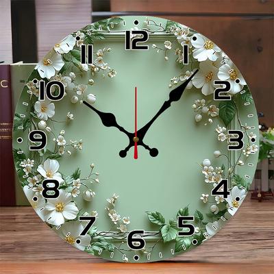 Romantic Green Wreath Wooden Round Silent Hanging Wall Clock,Suitable For Living Room, Office,Study Room,Bedroom,Home Decoration