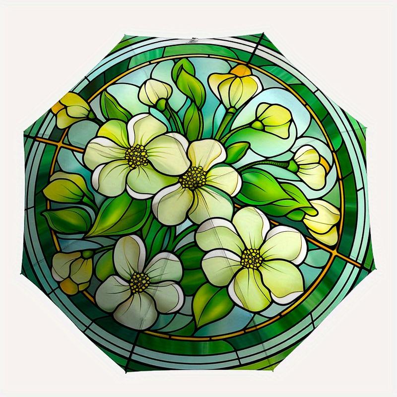 Stained Glass Window Panel with White Flowers - Circular Design for Home Decor Umbrella, Christmas Gift Y117