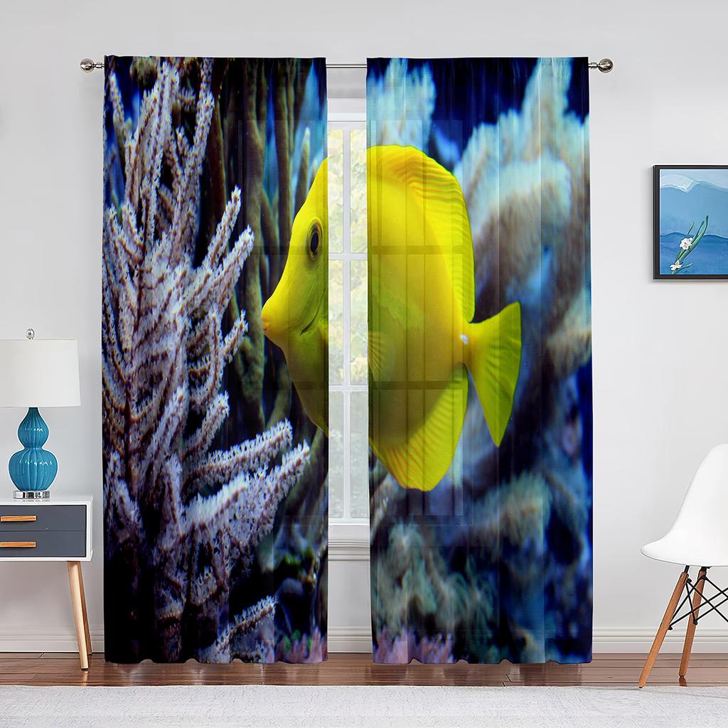 Ocean Underwater World Tulle Voile Curtains Tropical Fishes Shark Coral In The Deep Sea Sheer Curtain for Living Room Bedroom
