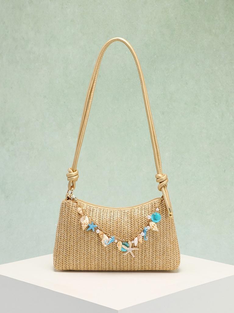 Pp Woven Crossbody Bag With Shell Pendant For Beach Vacation And Casual Wear