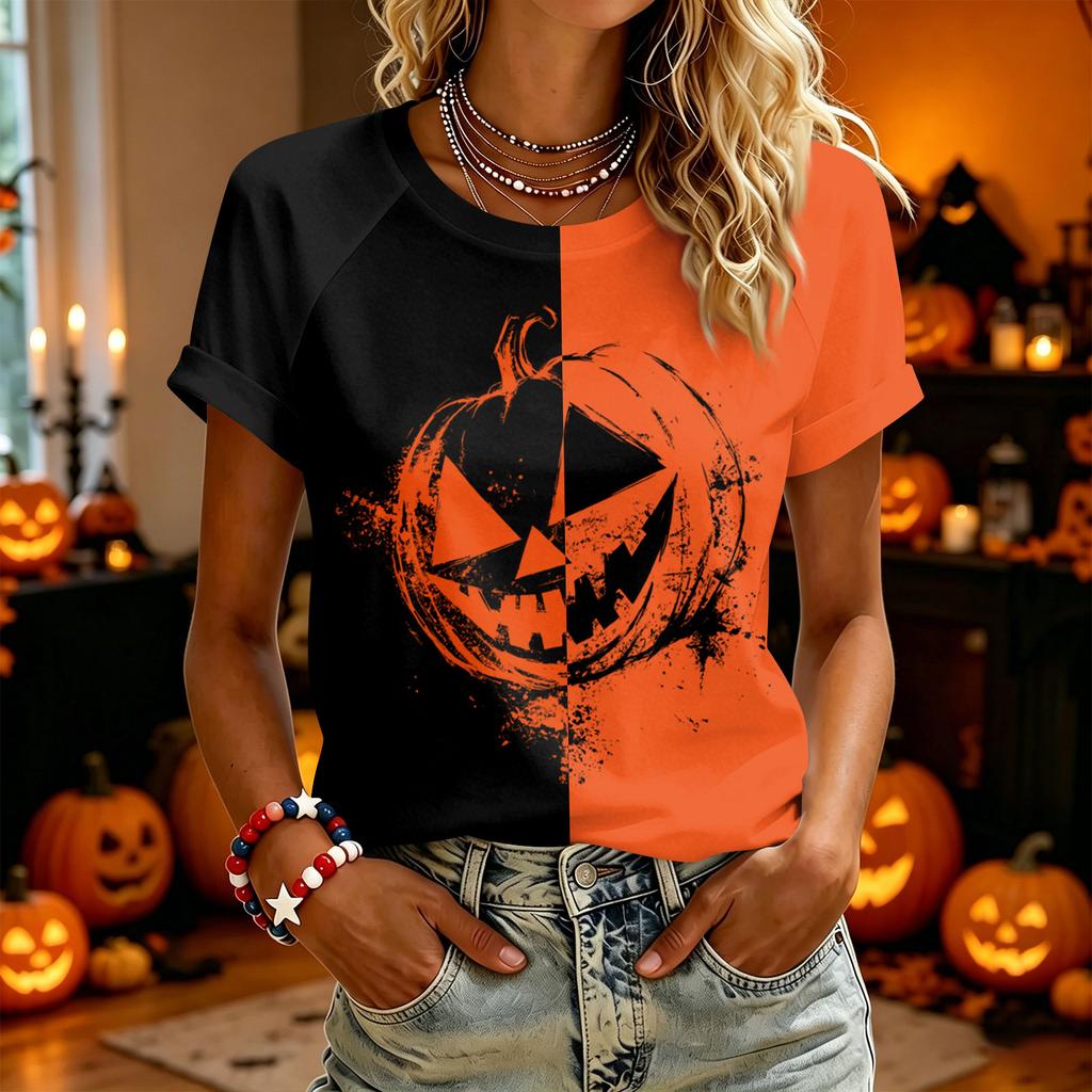 Women Casual Halloween Graphic T Shirt Short Sleeve Top Pumpkin Face Print Split Design Lightweight Comfortable Fit