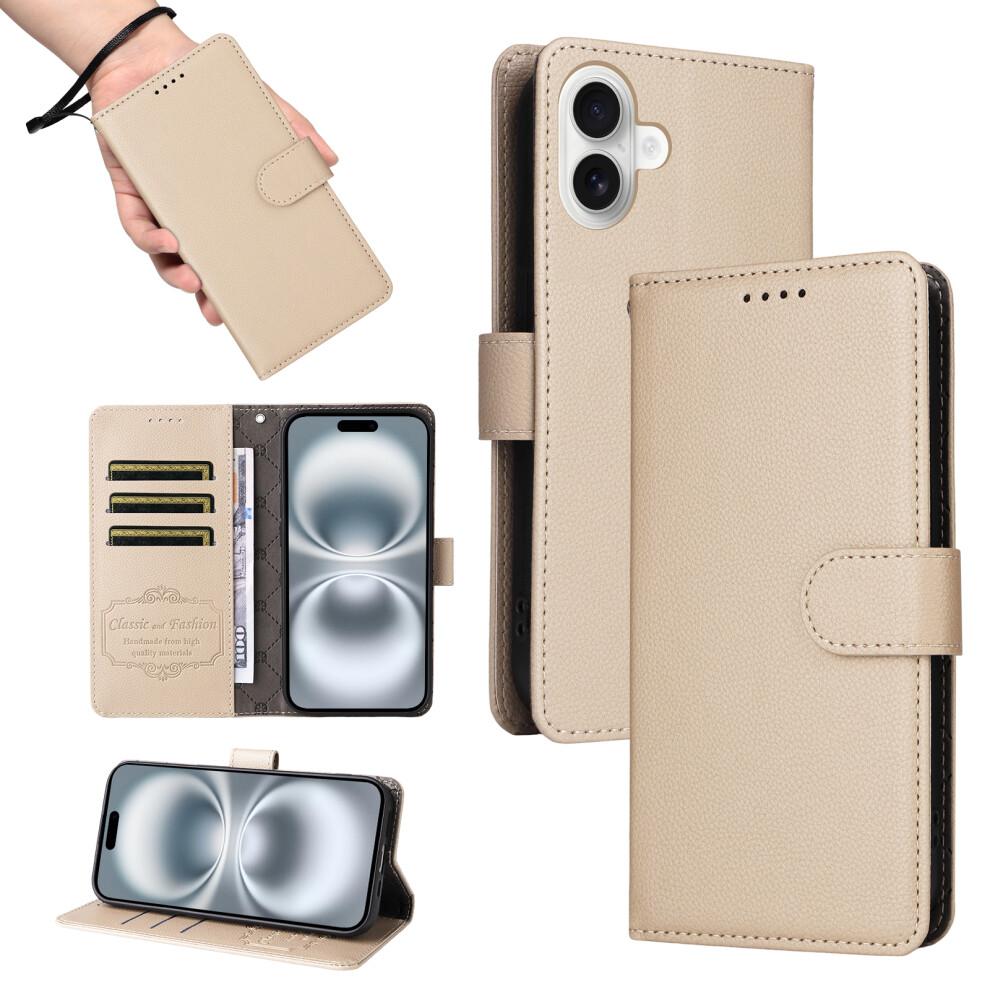 (iPhone 16, Creamy White) For iPhone 16 Case RFID Blocking 3 Card Slots PU Leather Phone Cover with Wrist Strap