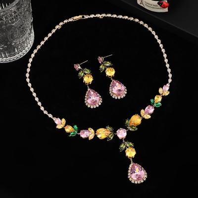 Modetrend Regenbogen Luxus Halskette Ohrringe Set Farbe Zirkon Pfirsich Herz Set Kette Kleid Hochzeitskleid Zubehör