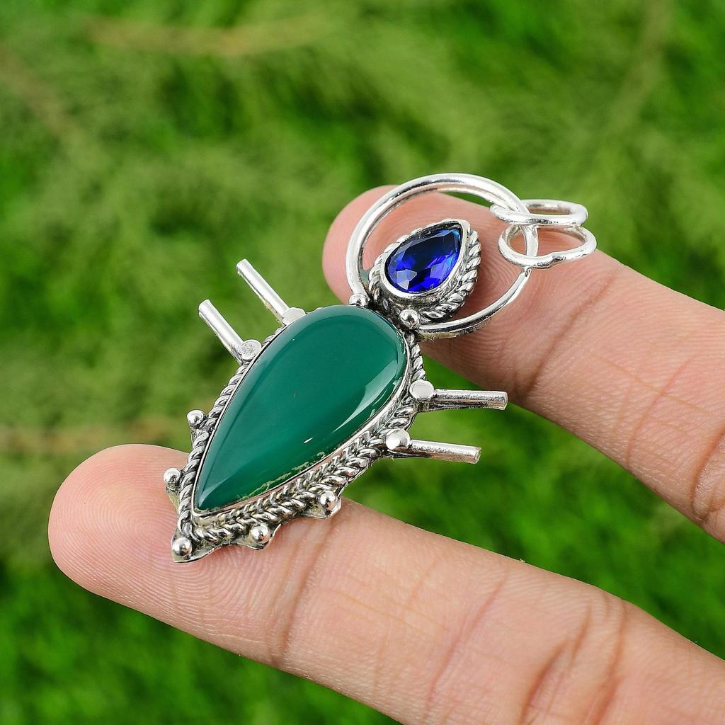 Anniversary Gift For Her Natural Green Onyx Gemstone Pendant 925 Sterling Silver