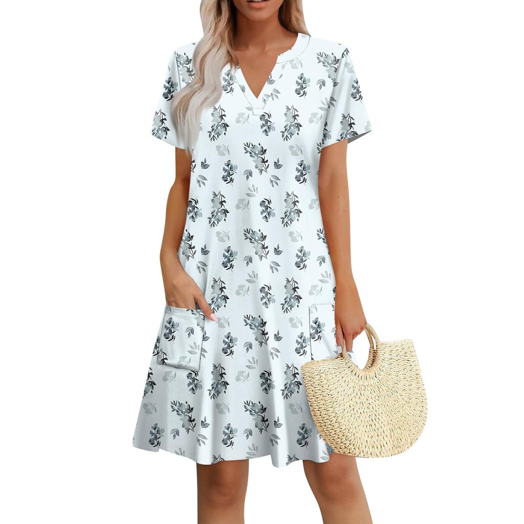 Women's Dress Casual V Neck Wedding Guest Dress Short Sleeve Fashion Beach Vacation Clothing