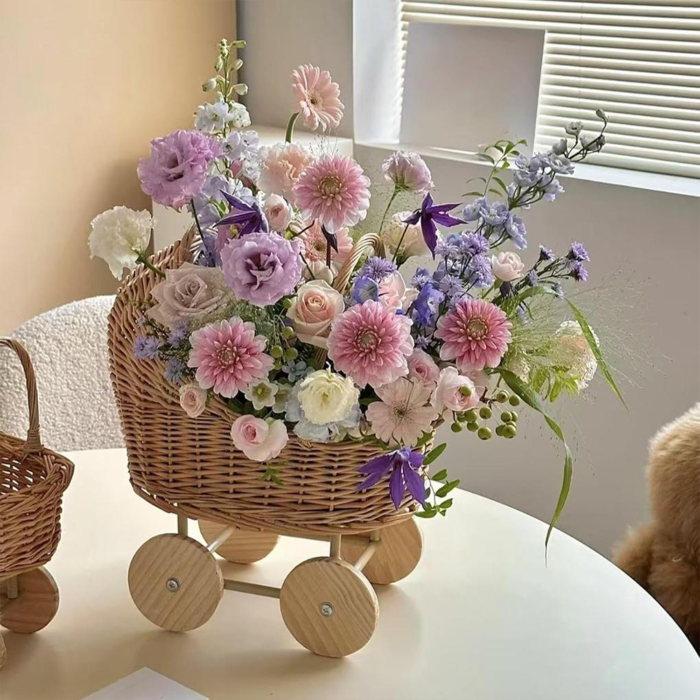 New Stroller Shaped Flower Basket Woven Rattan Basket with Handle Flower Girls Basket Wedding Basket for Gift Wedding Decoration