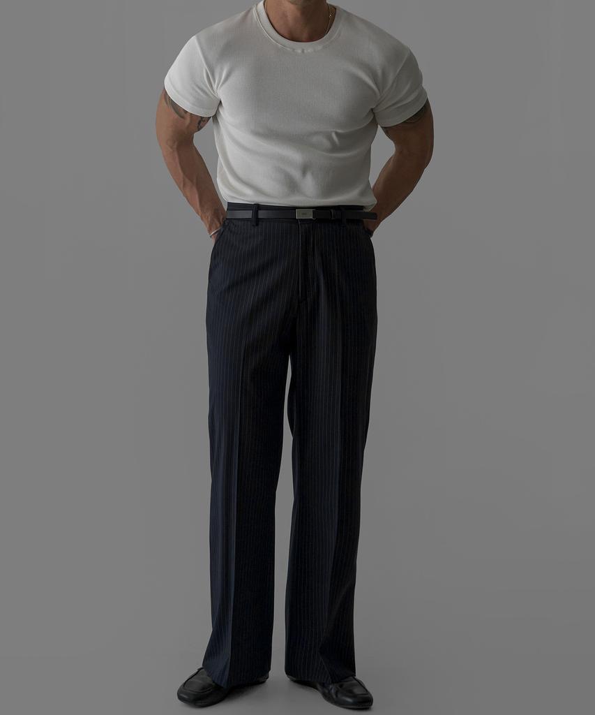 Baulopeulodeogteu Summer Stripe Semi-Flare Slacks [Navy St]