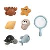 Kids Bath Toys Set with Turtle Sprayer, Fish Net, Shark & Squeeze Animal Floaters, Baby Water Play Toys