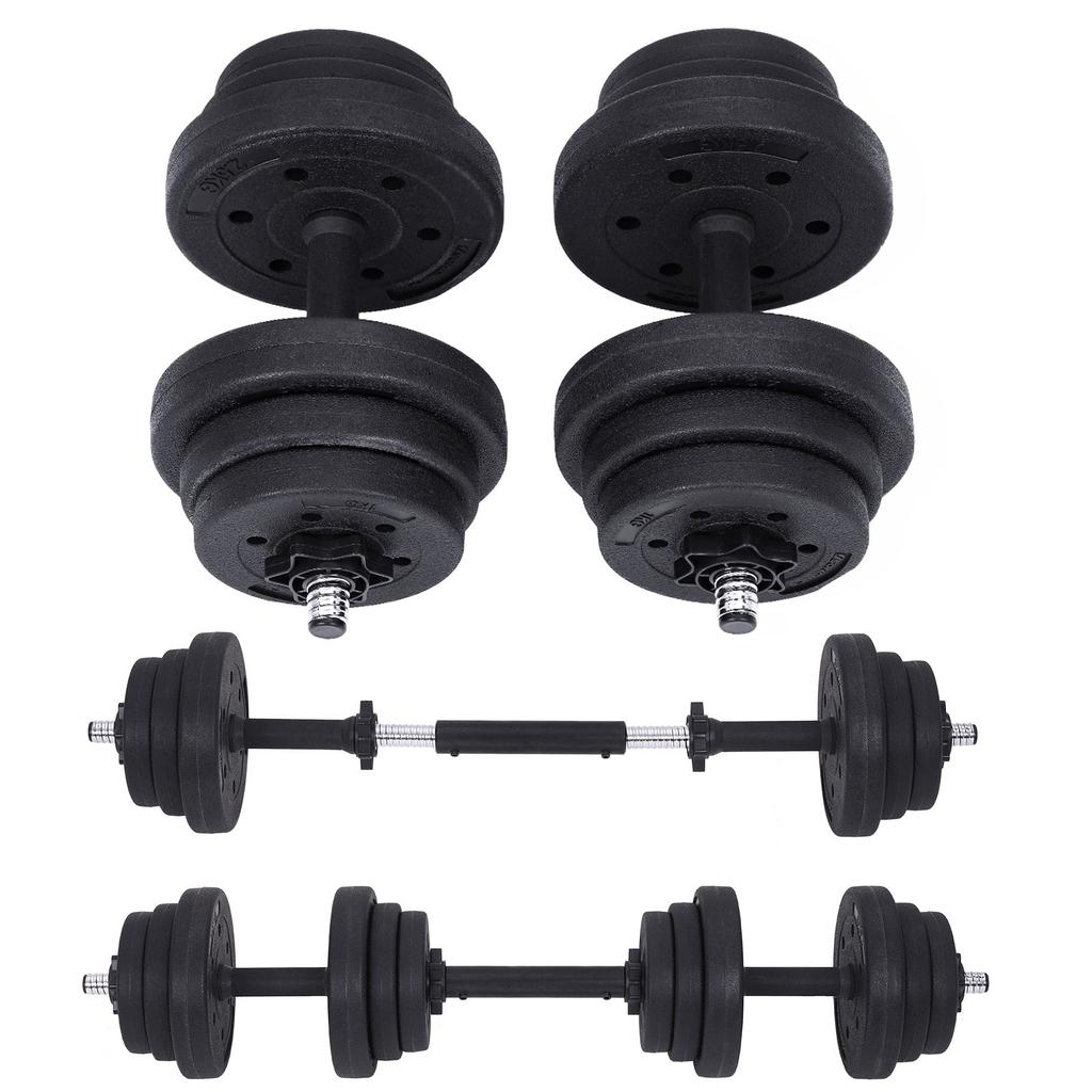 SONGMICS 2-in-1 Dumbbells Set, 2 X 10 Kg Adjustable Dumbbells with Extra Barbell Bar, Plastic-Coated Weight Plates, Fitness Exercise, Home Gym, Black